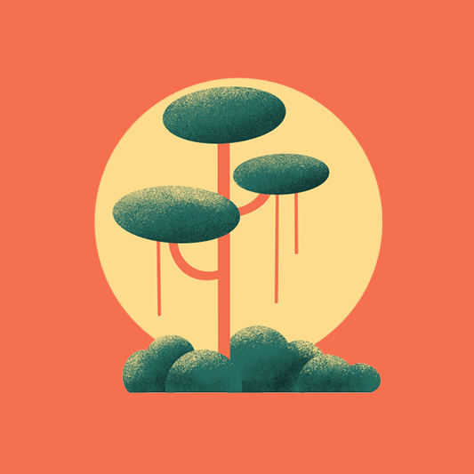 Illustration eines hohen Regenwaldbaumes mit runterhängenden Lianen und Büschen davor