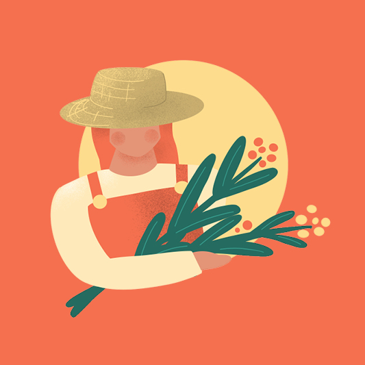 Illustration einer Landwirtin mit Strohhut und roter Latzhose, die einen Zweig mit grünen Blättern und roten Beeren hält
