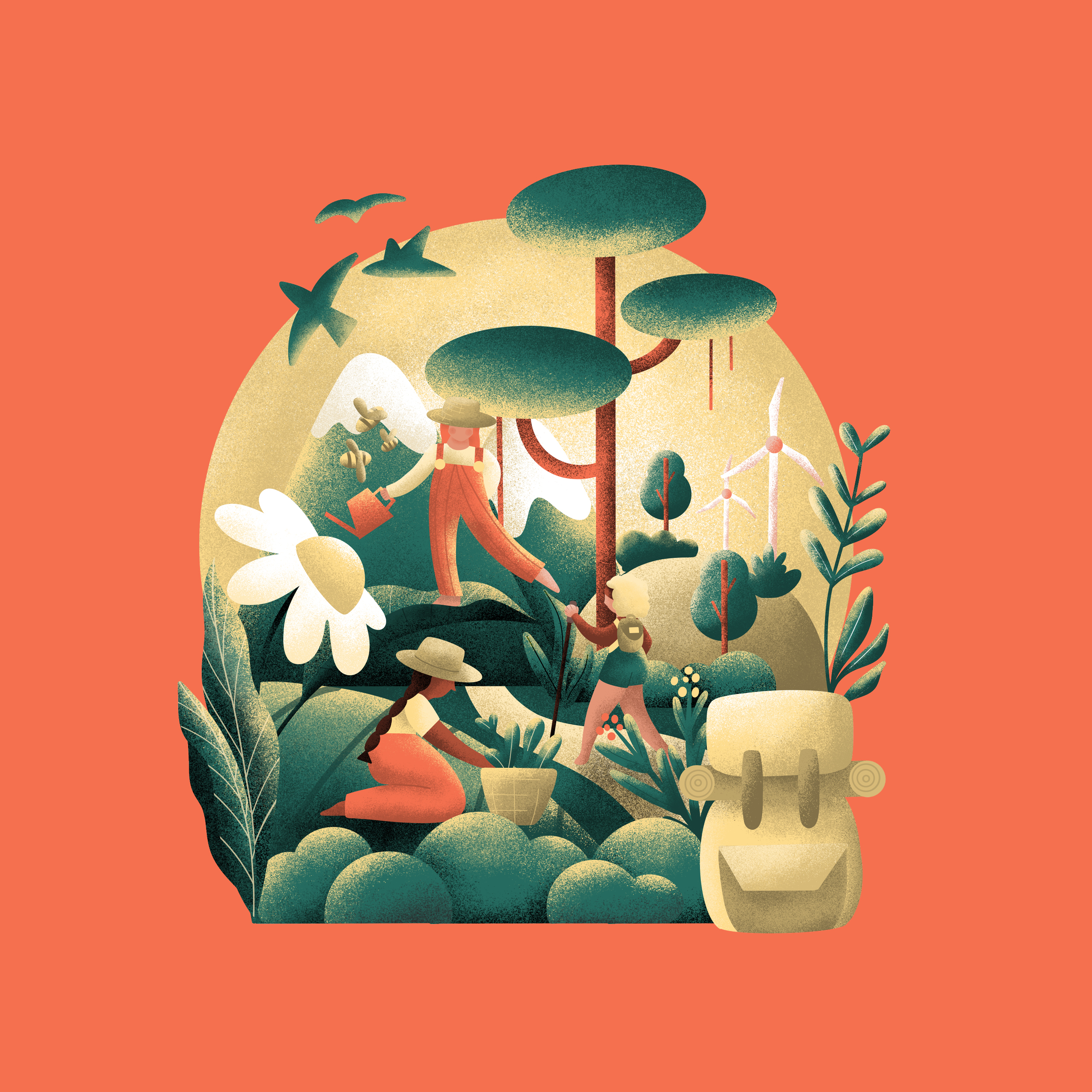Titelillustration des Engagement-Kits mit drei Personen, die in einer grünen Landschaft mit Bäumen, Windrädern und Blumen arbeiten, symbolisiert nachhaltiges Engagement