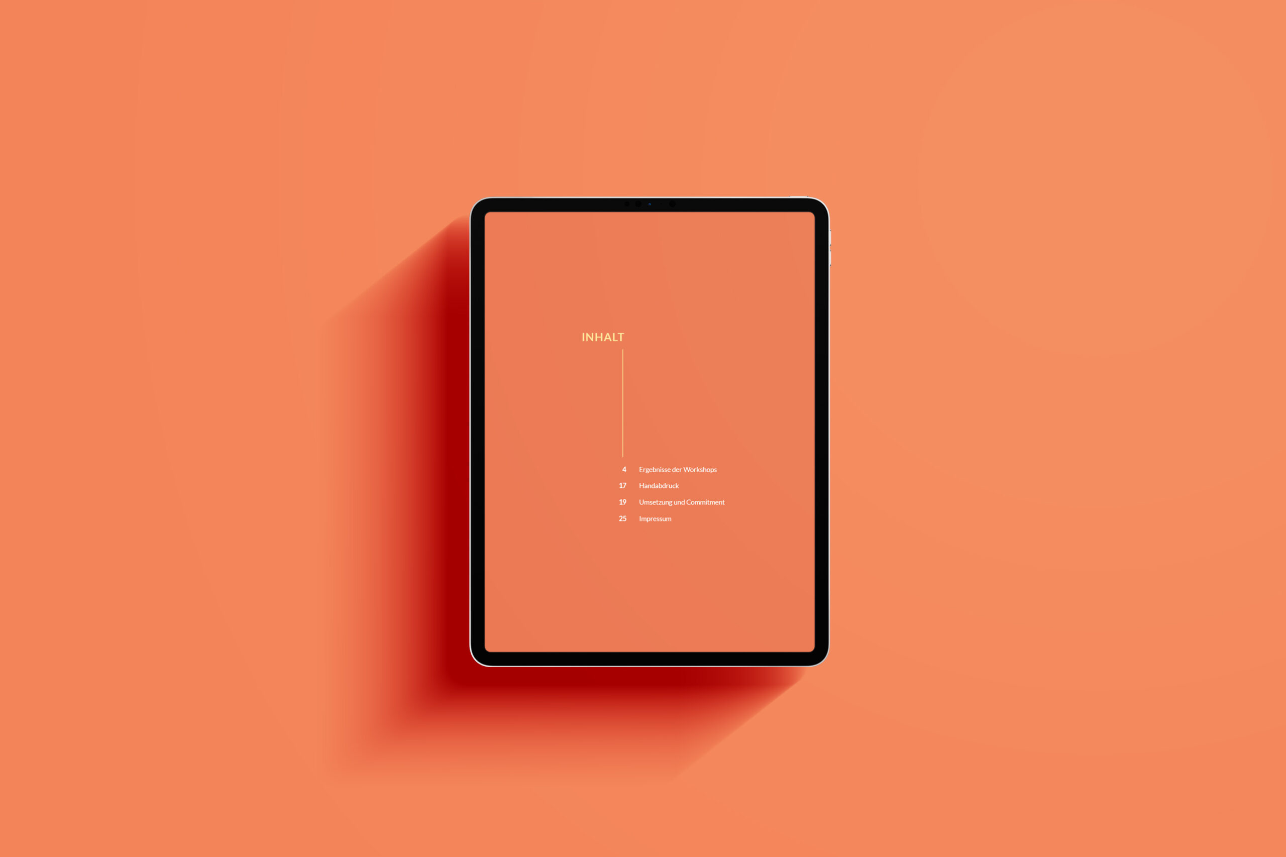 Tablet mit Inhaltsverzeichnis der digitalen Publikation 'Engagement-Kit' von give & grow mit Kapiteln zu Workshop-Ergebnissen, Handabdruck, Umsetzung und Commitment und Impressum